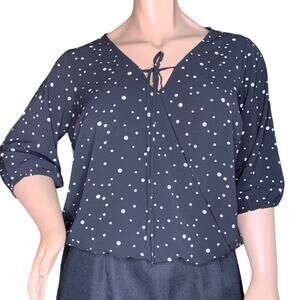OLM Mock Wrap Blouse 3/4 Sleeve V-Neck Pullover Black White Polka Dot Size 1X